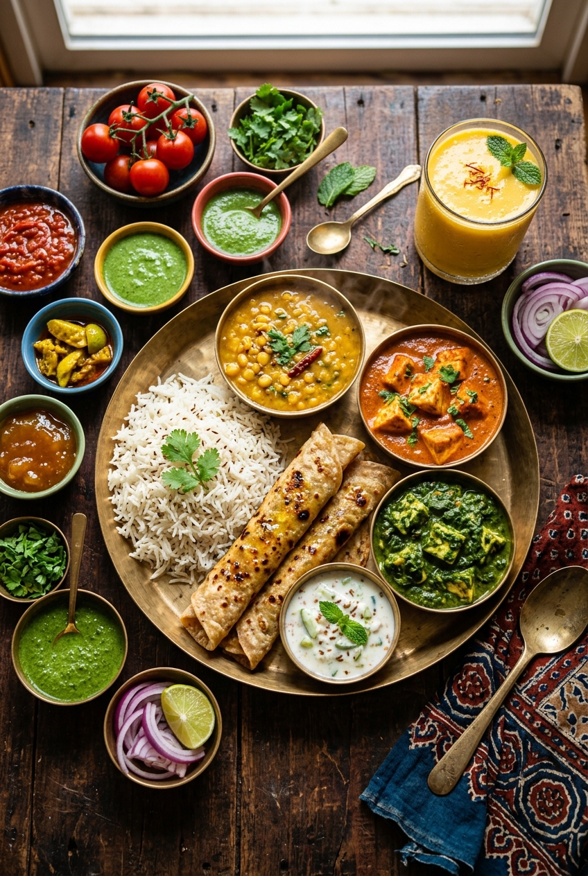 Vibrant spread of Indian vegetarian thali, curries, rice, paratha and mango lassi